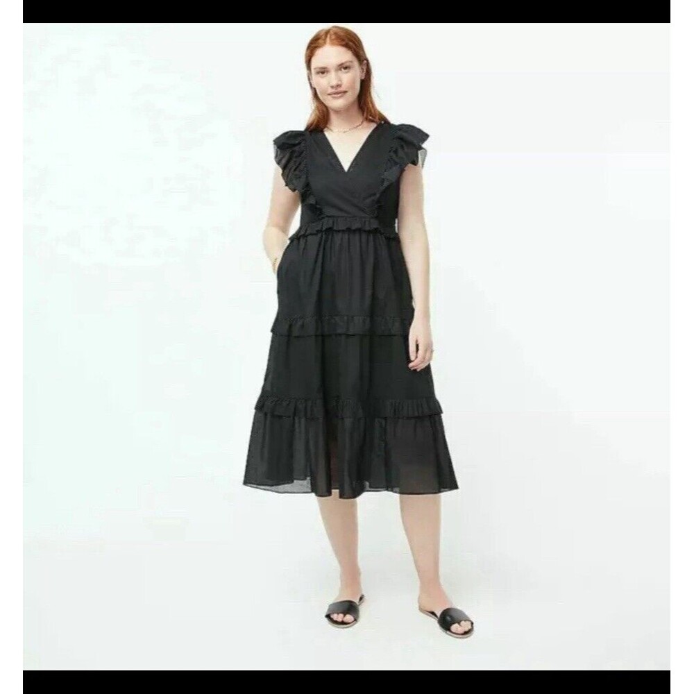 J. Crew Ruffle Sleeve Voile Dress Women's S Black 100% Cotton V-Neck A-Line